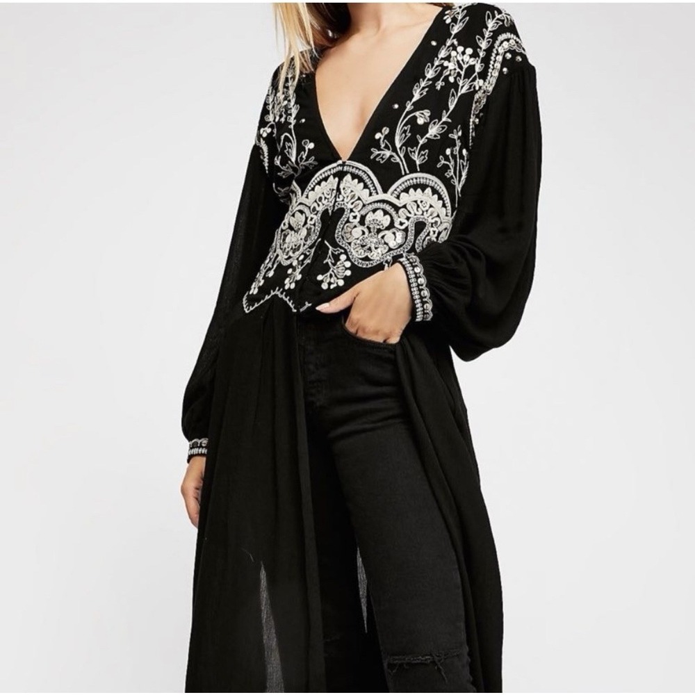 Free People Louana Embroidered Kimono Tunic Duster Jacket Black Sequin Small S